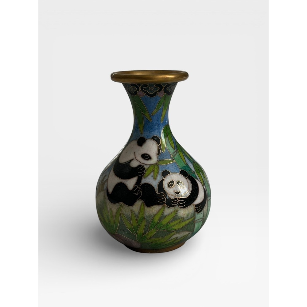 Vintage Chinese Cloisonne Enamel Panda Bamboo Miniature Bud Decor Vase Brass 4"